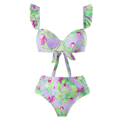 Vintage high waist split three-piece swimsuit women's bikini swimsuit chiffon beach skirt set
