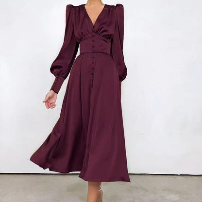 V-Neck Elegant Long Sleeve Waist-Defining Dress Style