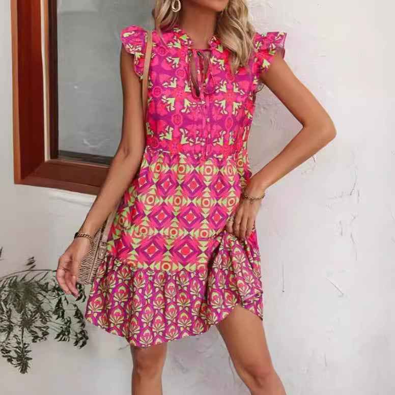 V-Neck Strap Flower Dress Cap Sleeve Printed Vacation Dress