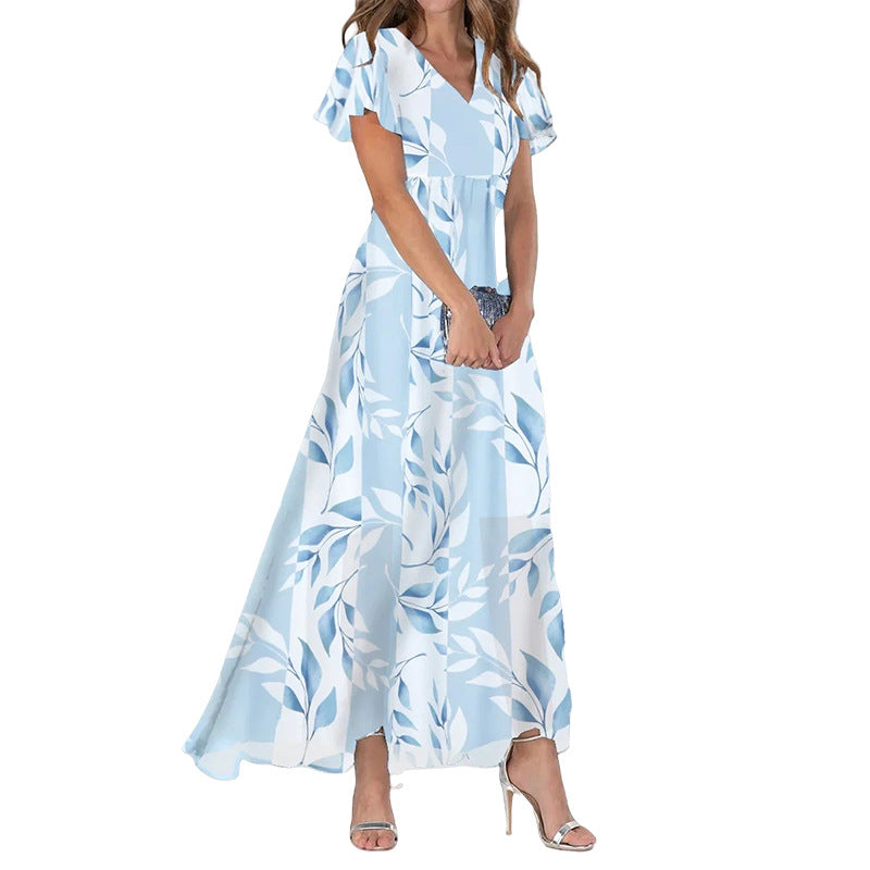 Summer Flared Maxi Dress V-Neck Short Sleeve Printed Chiffon Dress