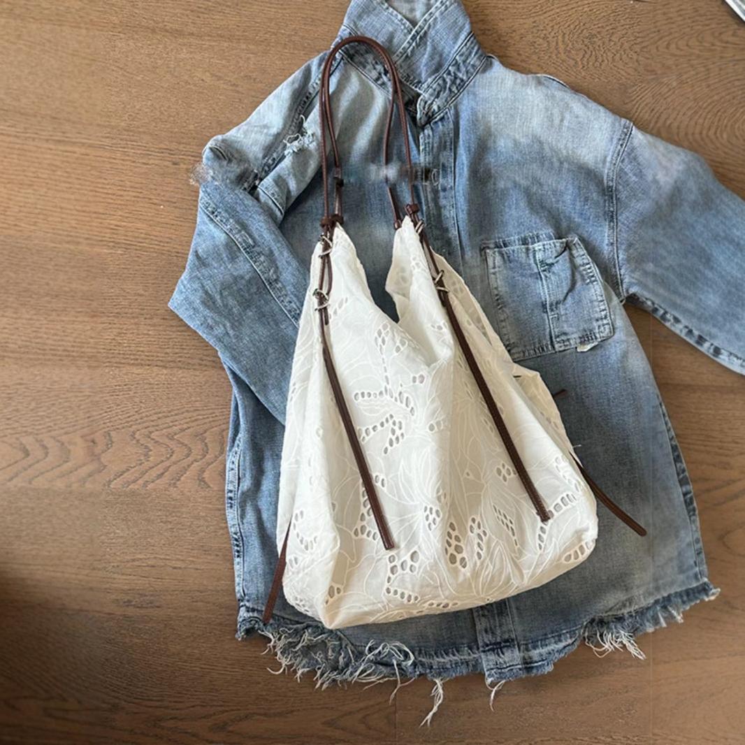 White large capacity hobo purse, embroidered shoulder bag, tote bag, commuter underarm bag