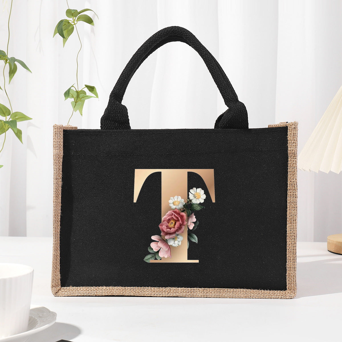 Bolsa de tela de algodón y lino, bolsa de tela con letras estampadas, bolso ligero portátil, bolsa de regalo para compras 