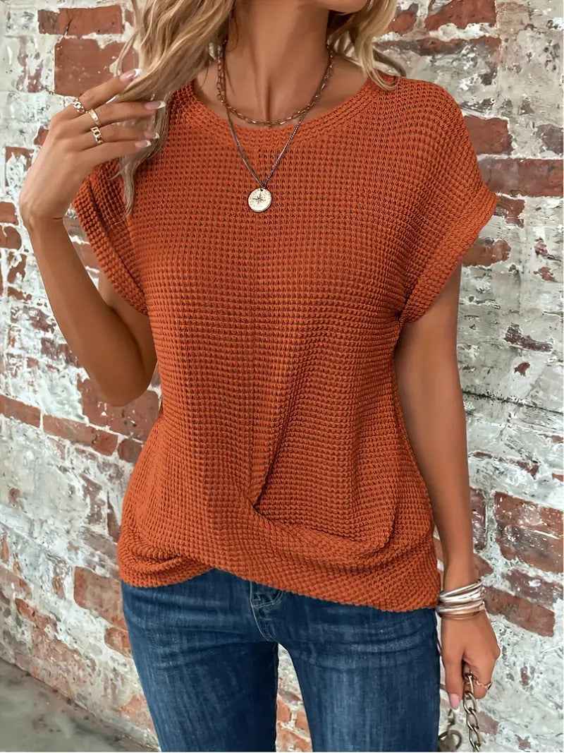Batwing Sleeve Twist Hem Waffle Knit Tee