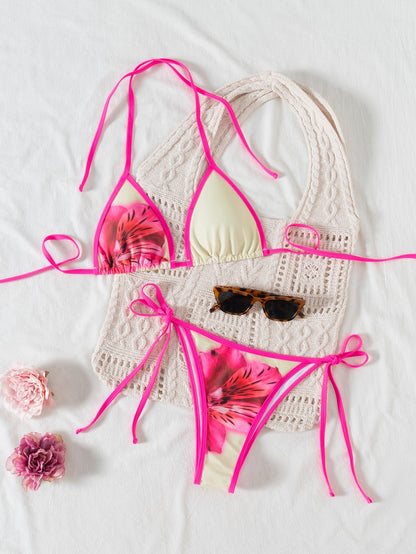 Contrasting Print Strap Sexy Bikini Split Swimsuit Batwing Short Sleeve Shirt W Plants Print