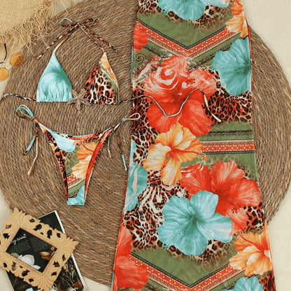 Printed Triangle Cup Sexy Quick Dry Cover Up Long Dress Bikini Three Piece Swimsuit for Women