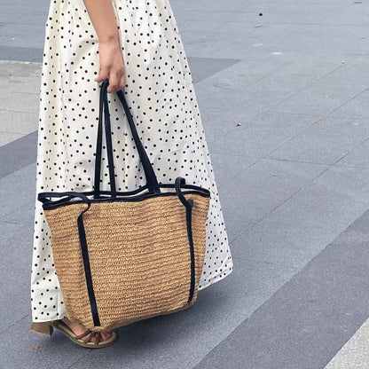 Exquisite Vintage Straw Bag & Large Capacity Women's Commuter Shoulder Bag: Woven Tote & Chic Seaside Vacation Shopping Bag Combo hobo