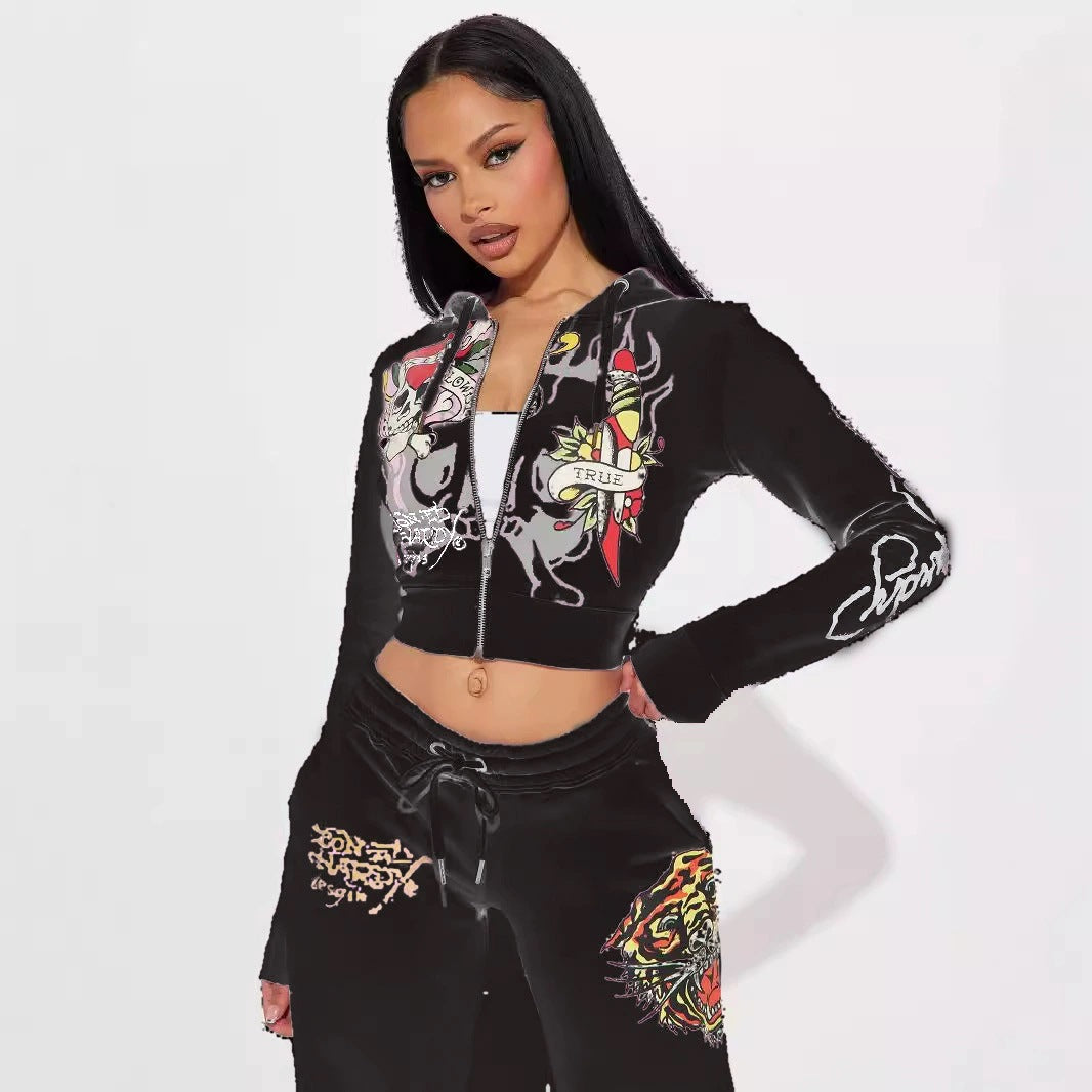 Graffiti print pattern women's high street y2k short sweater set