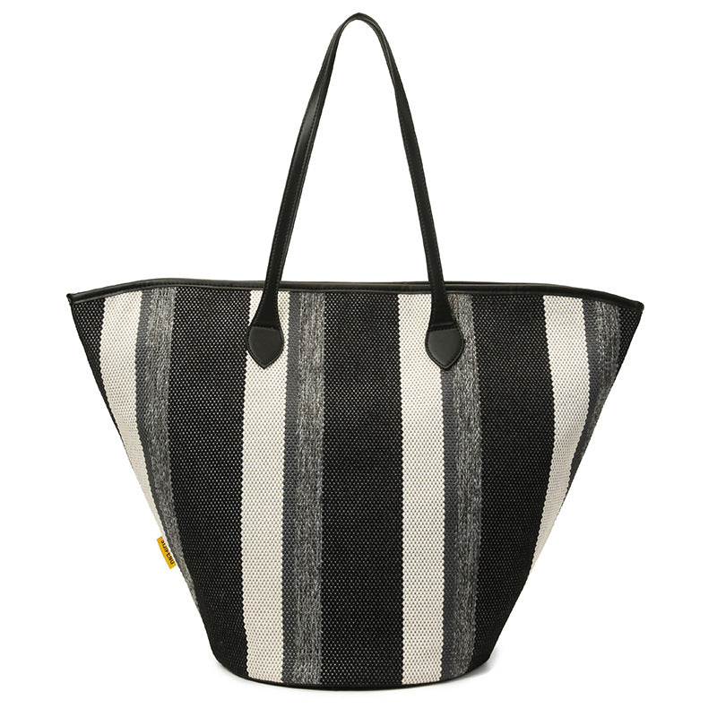 Trendy Canvas Shoulder Tote – Fashion Stripe Large Handbag, Casual Weekender Shopper