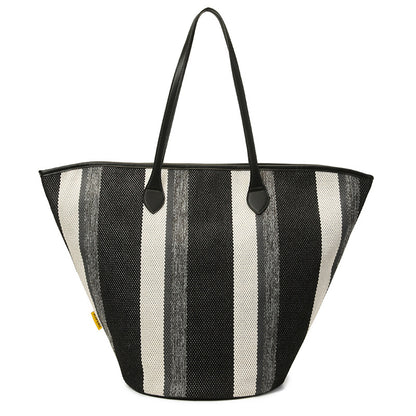 Trendy Canvas Shoulder Tote – Fashion Stripe Large Handbag, Casual Weekender Shopper