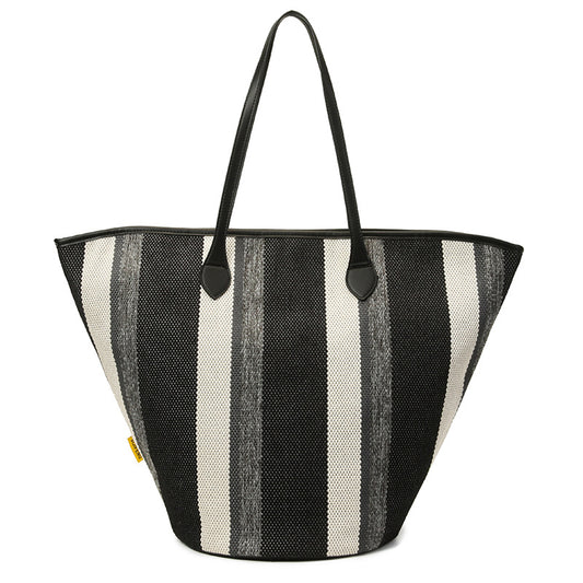 Trendy Canvas Shoulder Tote – Fashion Stripe Large Handbag, Casual Weekender Shopper