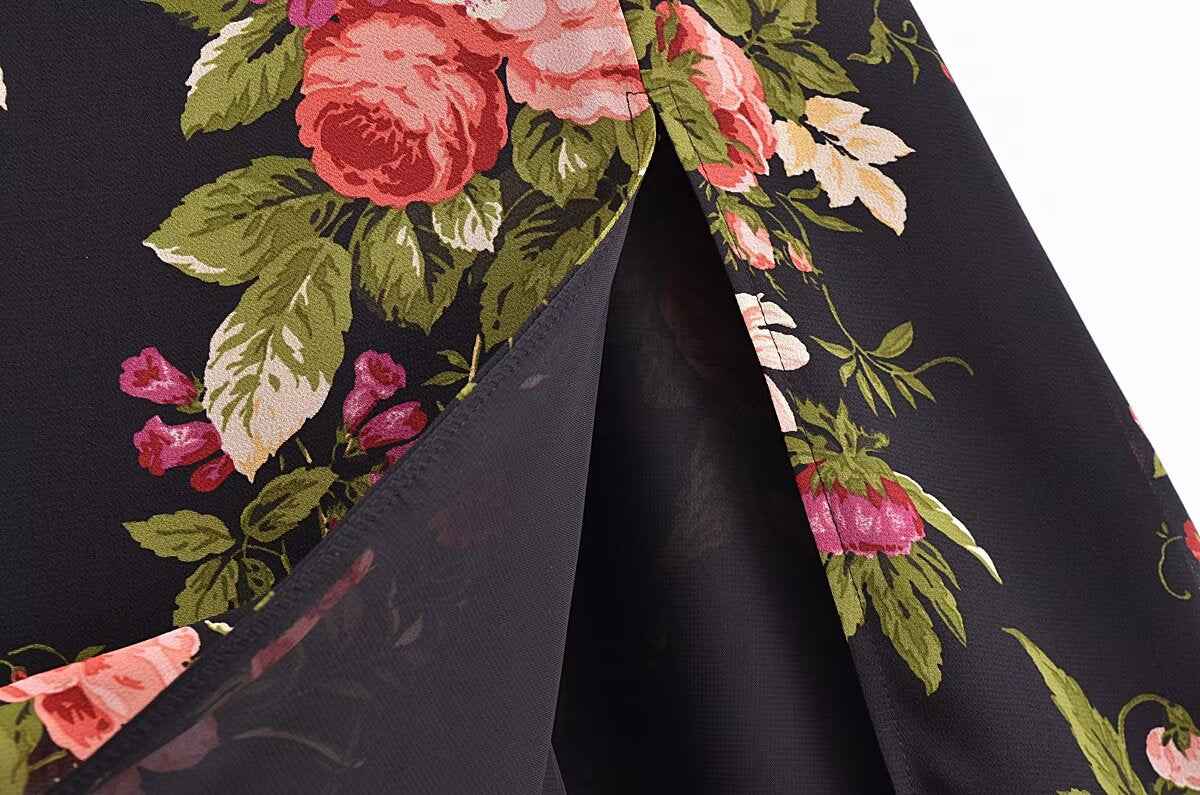 Slim and sexy side split waist mid-length dress, French retro square collar Print Chiffon Dress Bohemian dress