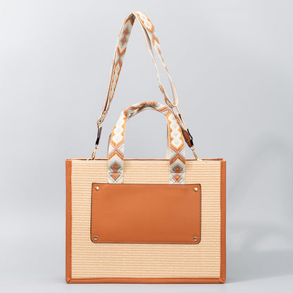 Straw tote bag, seaside vacation tote bag, large capacity beach bag, handbag contrasting color crossbody shoulder bag women with guitar belt