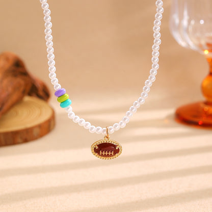 Sporty Soccer Football Rugby Pendant Pearl Beaded Necklace Bracelet Earrings Set