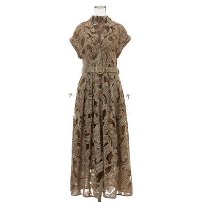 Summer Lace Embroidered Blazer Dress – Notched Collar Button-Front Tie-Waist Maxi, Elegant Long Gown