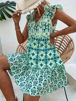 V-Neck Strap Flower Dress Cap Sleeve Printed Vacation Dress