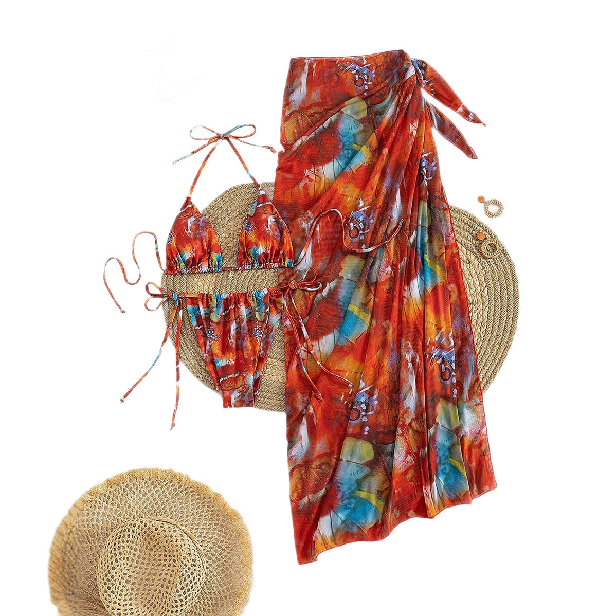 Sexy Lace-Up Separated Bikini Three-Piece Swimsuit with Long Apron for Swimwear