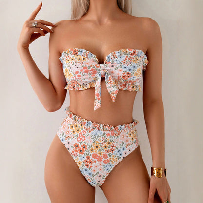 Trendy Floral Print Two Piece Swimsuit Women's Sexy Ruffled Bikini Set
