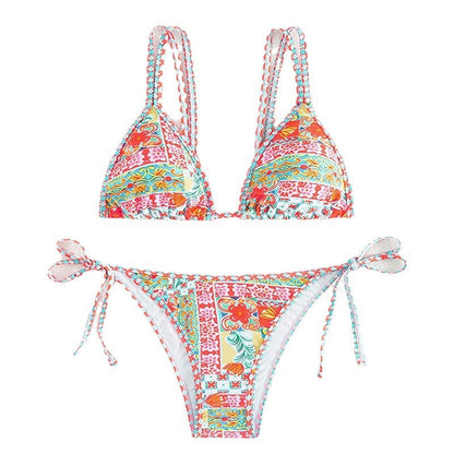 Printed Triangle Sexy Split Swimsuit Three Points Beach Bikini Female Neck-Tie Halter Bikini W Random Flower -dropshippingabc.com