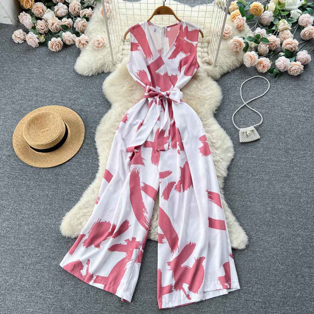 V-Neck High Waist Floral Print Wide Leg Jumpsuit - Loose Fit Women's Romper with Belt