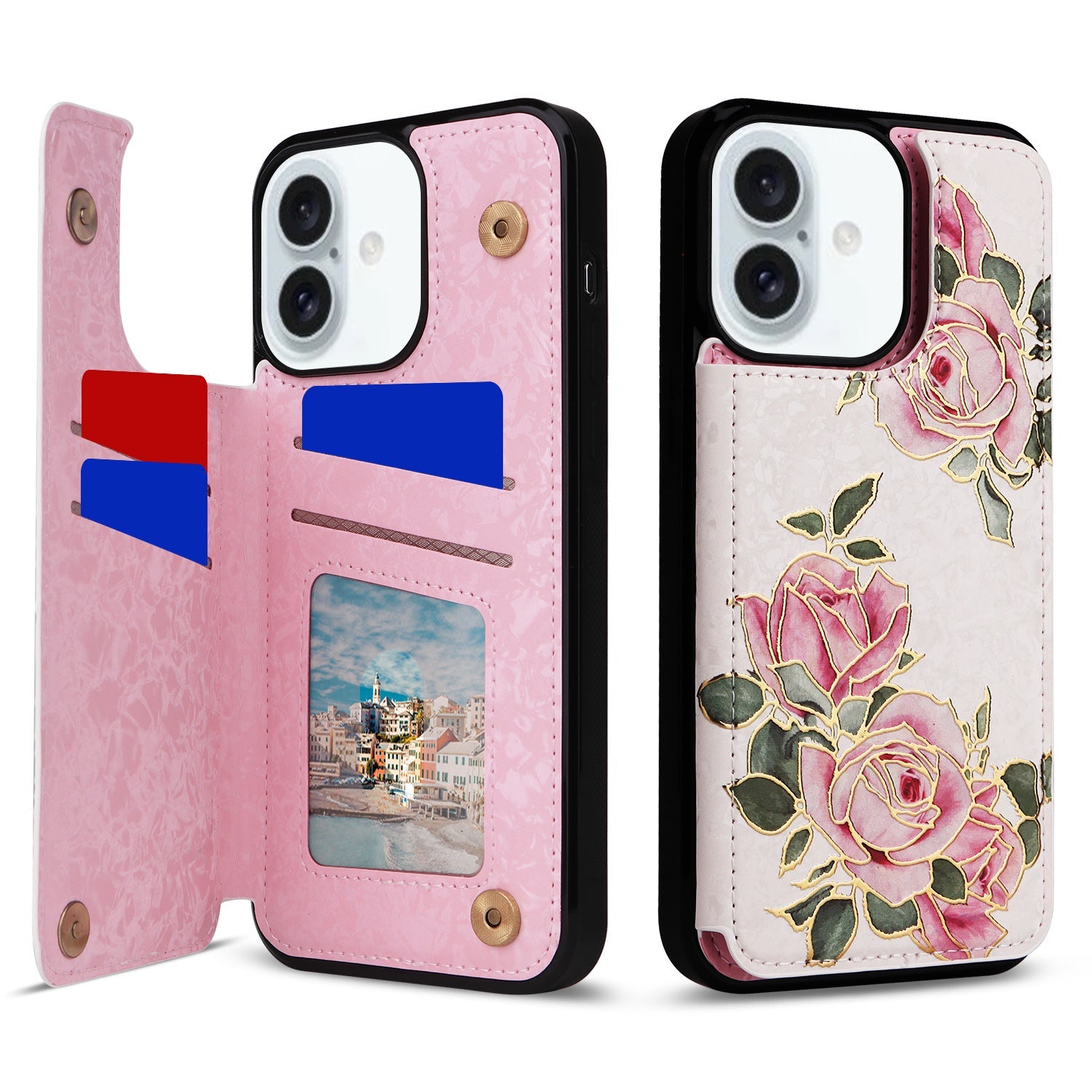 Applicable to Apple 16 painted double buckle four-insert card wallet case 16pro max all-inclusive anti-drop case protective cover -dropshippingabc.com