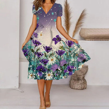 V Neck Bohemian Print Short Sleeve Dress - Flowy Casual Summer Dress with Elastic Waist