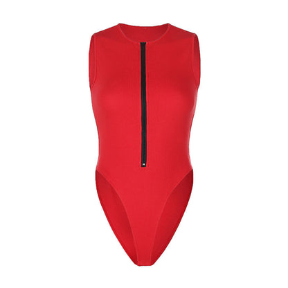 Summer Zipper Crew Neck Sleeveless Fashion Sexy Solid Color Versatile Cool Bodysuit Women's Top