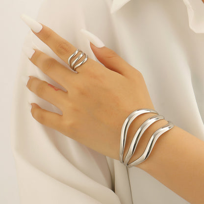 Exaggerated Vintage Stainless Steel Multi-Layer Wavy Ring & Bangle Set Party Banquet