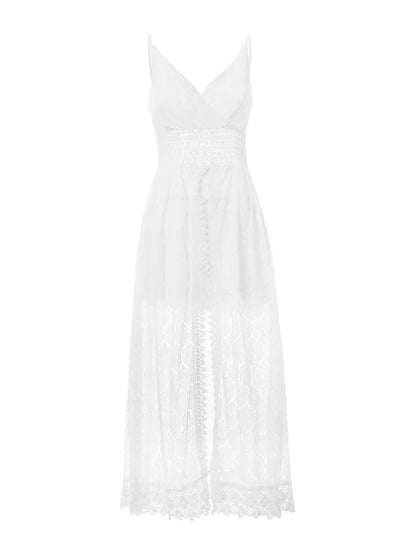 Women's Floral V-Neck Lace Dress - Sleeveless Spaghetti Strap Boho Beach Vacation Dress with Side Split -dropshippingabc.com