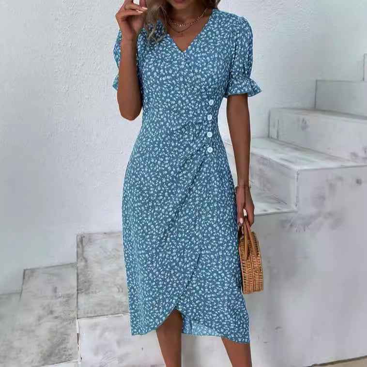 Slim-fit Women's Geometric Collage Bubble Sleeves Irregular hem Dress Sub Female Split Dress Summer Floral dress