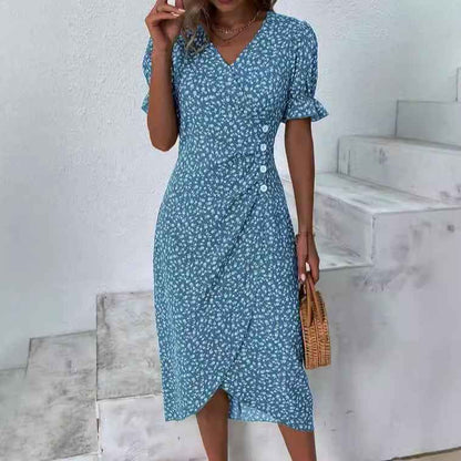 Slim-fit Women's Geometric Collage Bubble Sleeves Irregular hem Dress Sub Female Split Dress Summer Floral dress