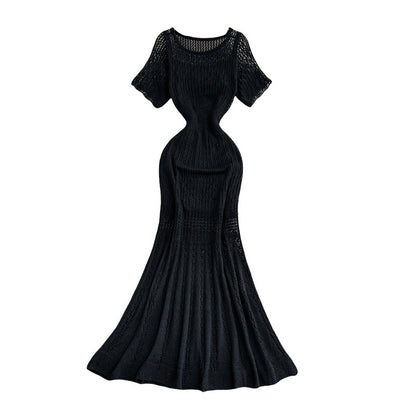 Vintage Hollow-Out Knit Dress – Women's Summer Elegant Tie-Waist A-Line Midi, Fishtail Slim-Fit Gown
