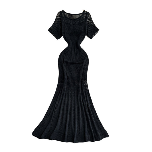 Vintage Hollow-Out Knit Dress – Women's Summer Elegant Tie-Waist A-Line Midi, Fishtail Slim-Fit Gown