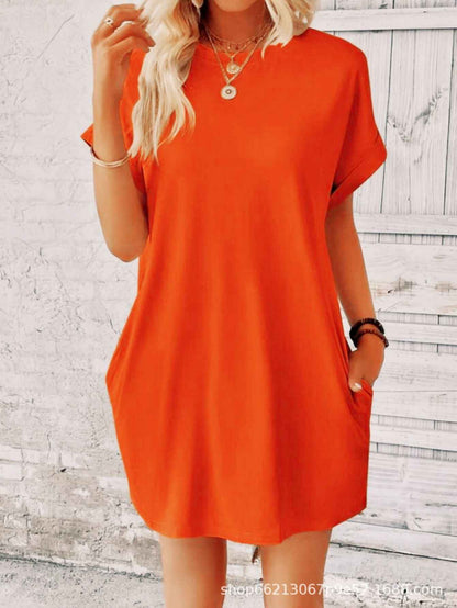 Loose Plus Size Fashion Casual Dress Solid Batwing Sleeve Tee Dress