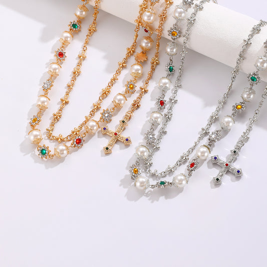 Vintage Multi-Layer Cross Pendant Pearl Flower Color Waist Chain Fashion Pants Chain