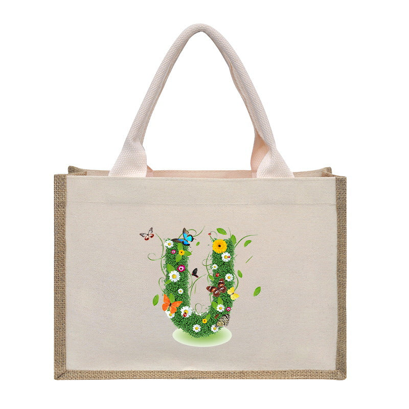 Bolsa de tela de algodón y lino, bolsa de tela con letras estampadas, bolso ligero portátil, bolsa de regalo para compras 