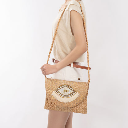 Beaded Patch Jute Bag – Bohemian Handwoven Clutch, Vacation Woven Shoulder Purse