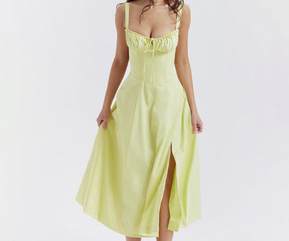 Sleeveless Strapless Bandage Corset Dress - Floral Print Long Midi Dress with Lace Up Back & Thigh Slit -dropshippingabc.com