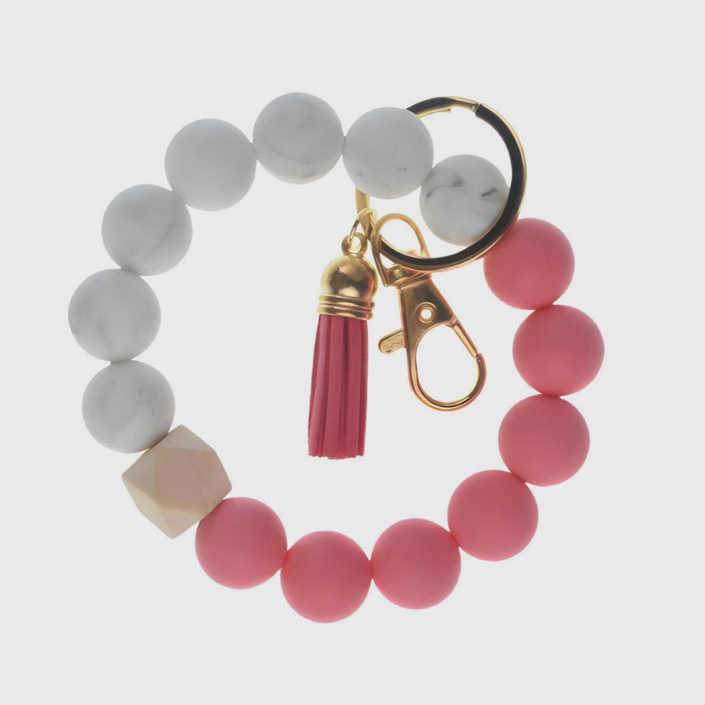 Llavero con borla de PU y cuentas de silicona para bolso, pulsera, llavero de coche, para mujeres y niñas 