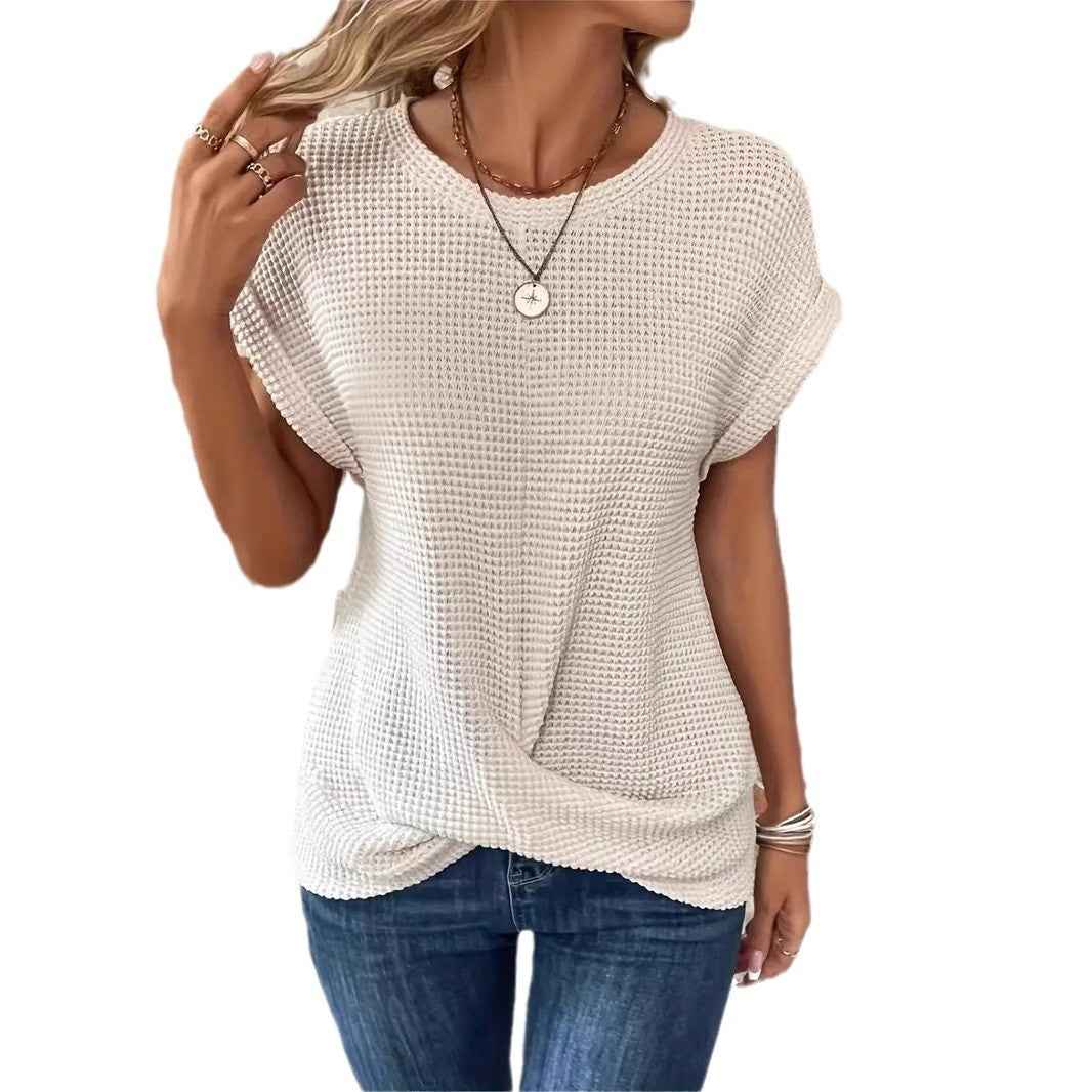 Batwing Sleeve Twist Hem Waffle Knit Tee
