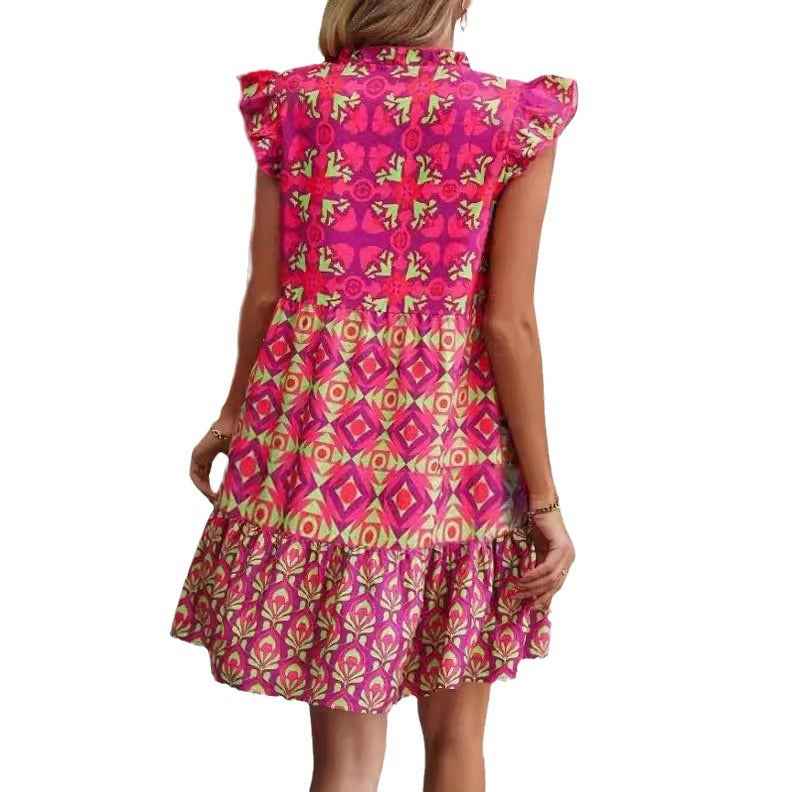 V-Neck Strap Flower Dress Cap Sleeve Printed Vacation Dress