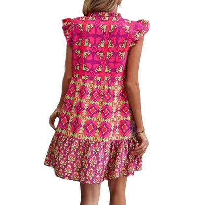V-Neck Strap Flower Dress Cap Sleeve Printed Vacation Dress
