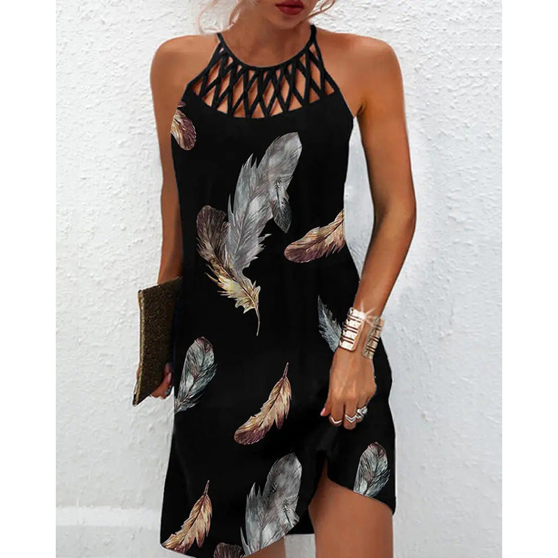 Spring and summer ethnic style positioning printing mesh belt sleeveless dress women's elegant retro