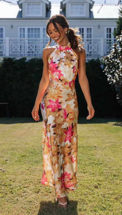 Summer Satin Dress Elegant Sleeveless Mock Neck Cocktail Party Maxi Dresses Sexy Halter Neck Floral Print Slim Casual dress