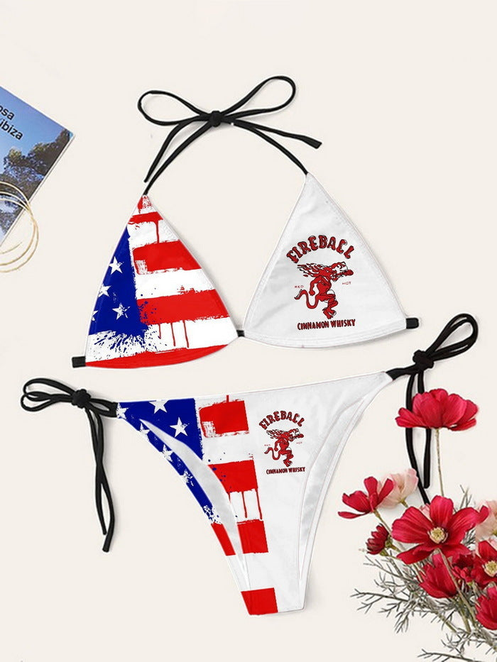 Bikini printed strap swimsuit set backless split swimsuit