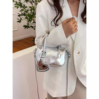 Mini tote handbag silver, women's summer shoulder crossbody bag, versatile love small square bag, mini top handle purse