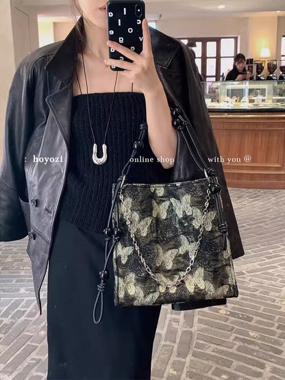 Gilt butterfly embroidered tote purse, chain beaded tote bag, Women's shoulder Crossbody bag, large capacity hobo bag