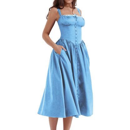 Floral Midi Corset Dress with Square Neck - Women's Smocked Lace-Up Sundress for Wedding Guest & Beach Holiday Parties -dropshippingabc.com