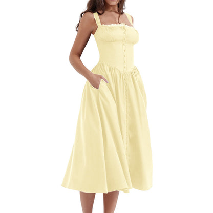 Floral Midi Corset Dress with Square Neck - Women's Smocked Lace-Up Sundress for Wedding Guest & Beach Holiday Parties -dropshippingabc.com