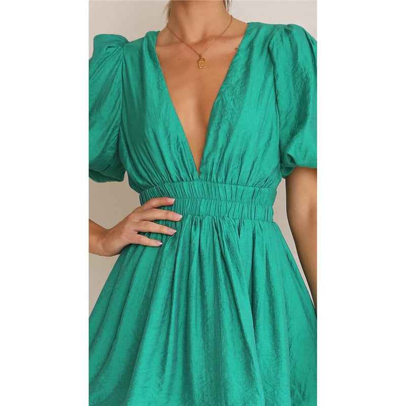 Deep v Waist Skinny Pleated Bubble Sleeve Dress Lantern Sleeve Bridesmaid
