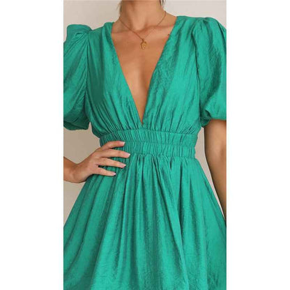 Deep v Waist Skinny Pleated Bubble Sleeve Dress Lantern Sleeve Bridesmaid